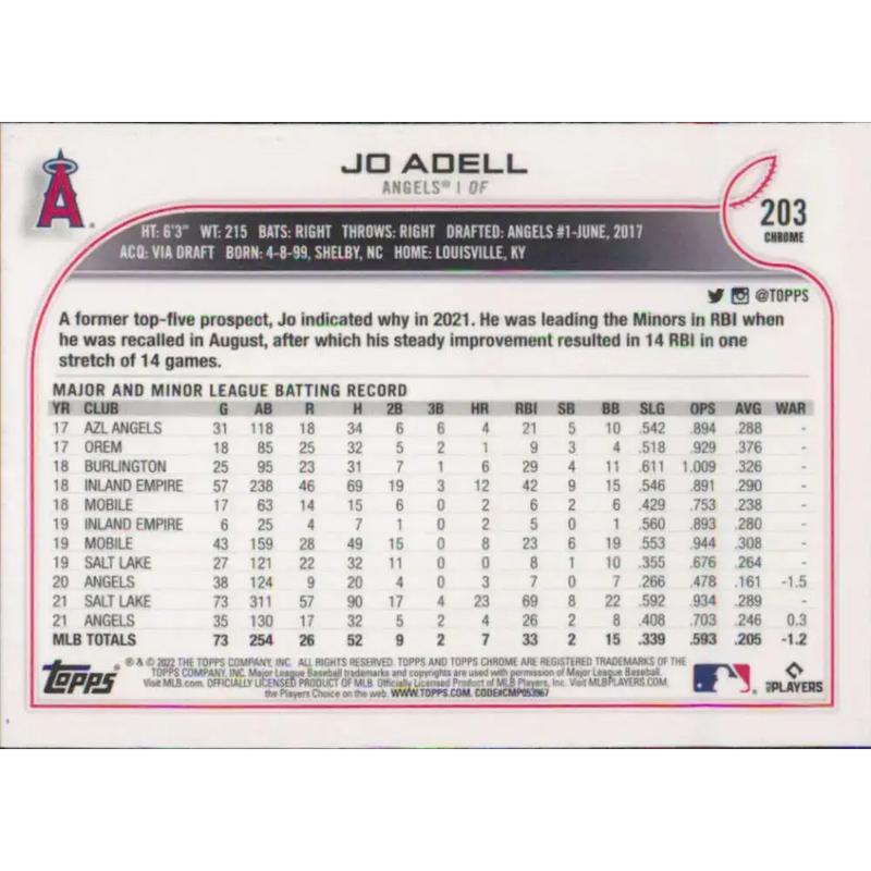 2022 Topps Chrome #203 Jo Adell NM-MT Los Angeles Angels Baseball Card - Baseball Card Single