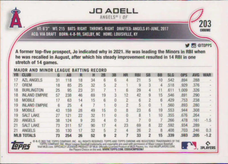 2022 Topps Chrome #203 Jo Adell NM-MT Los Angeles Angels Baseball Card - Baseball Card Single