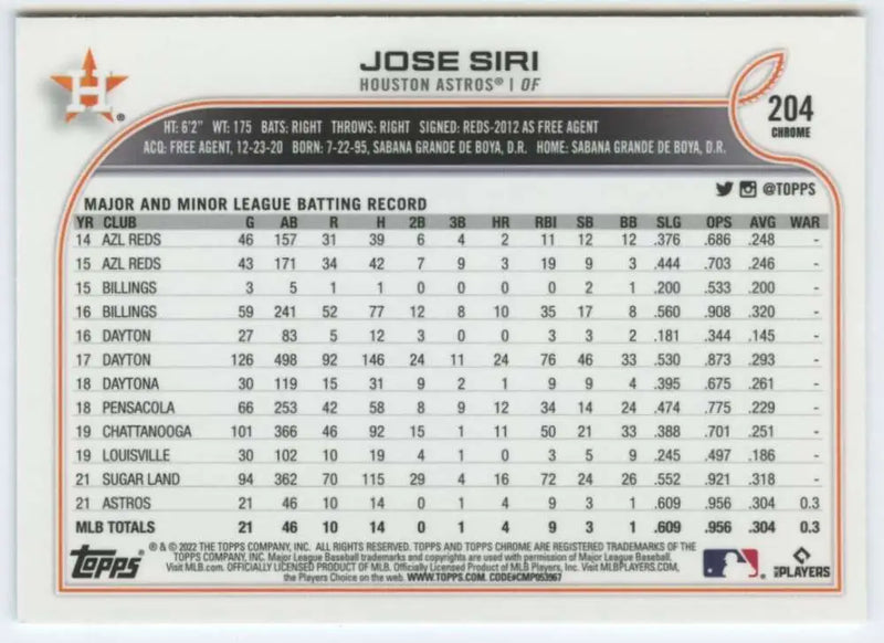 2022 Topps Chrome #204 Jose Siri NM-MT RC Rookie Houston Astros Baseball Card - Baseball Card Single