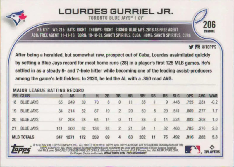 2022 Topps Chrome #206 Lourdes Gurriel Jr. NM-MT Toronto Blue Jays Baseball Card - Baseball Card Single