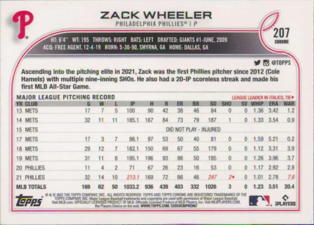2022 Topps Chrome #207 Zack Wheeler NM-MT Philadelphia Phillies Baseball Card - Baseball Card Single