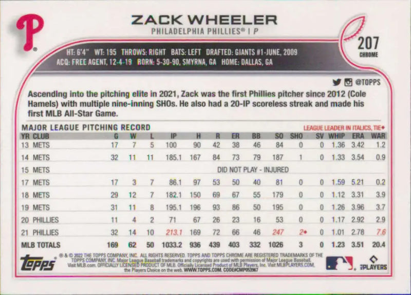 2022 Topps Chrome #207 Zack Wheeler NM-MT Philadelphia Phillies Baseball Card - Baseball Card Single