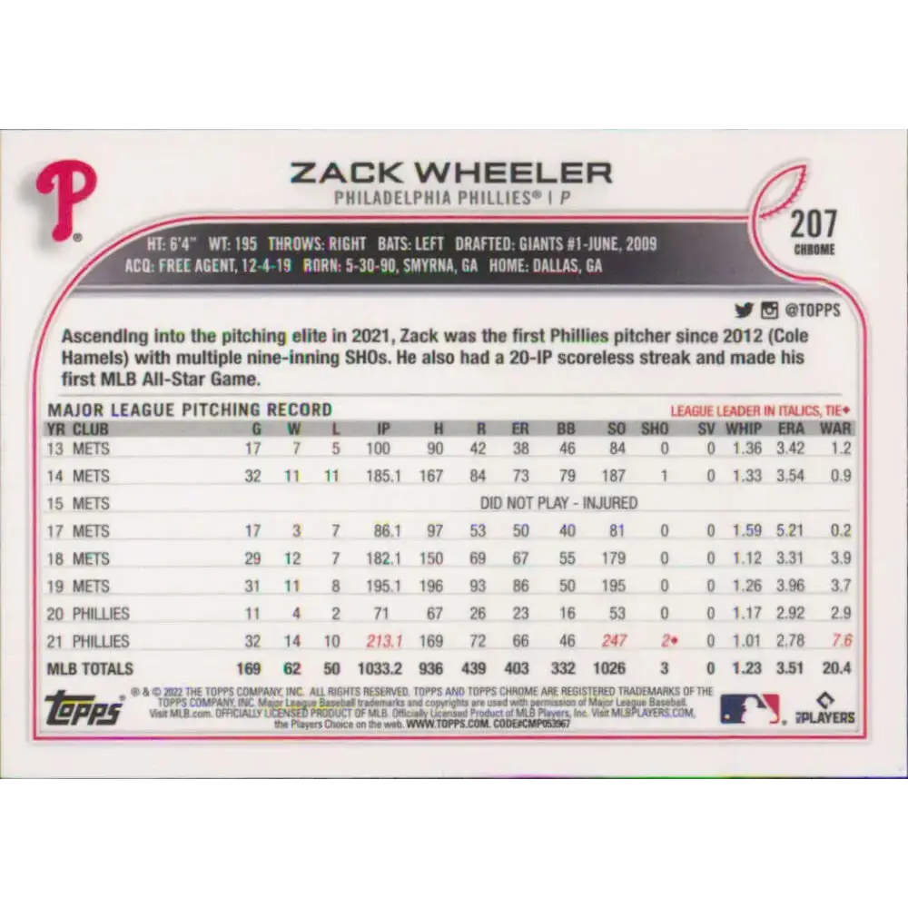 2022 Topps Chrome #207 Zack Wheeler NM-MT Philadelphia Phillies Baseball Card - Baseball Card Single