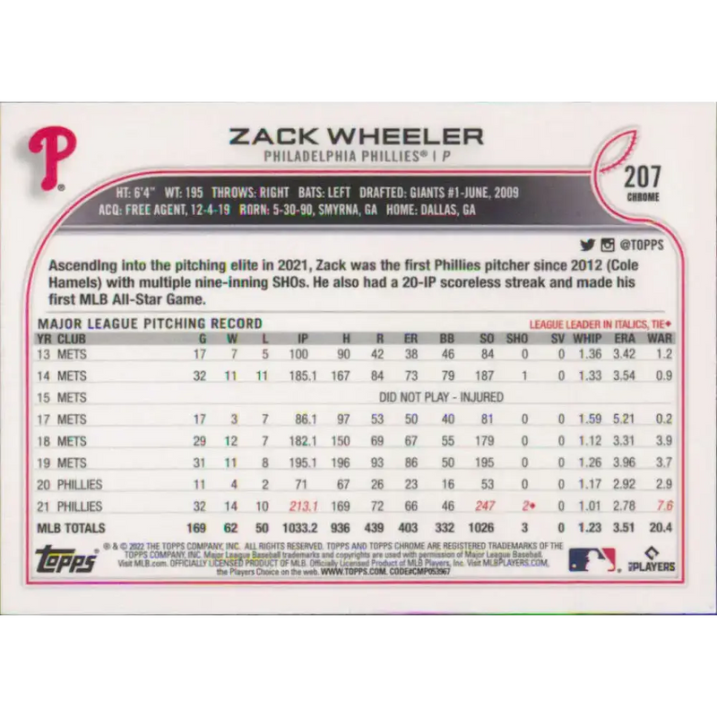 2022 Topps Chrome #207 Zack Wheeler NM-MT Philadelphia Phillies Baseball Card - Baseball Card Single