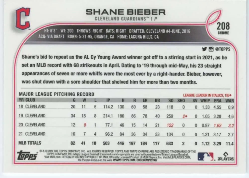 2022 Topps Chrome #208 Shane Bieber NM-MT Cleveland Guardians Baseball Card - Baseball Card Single