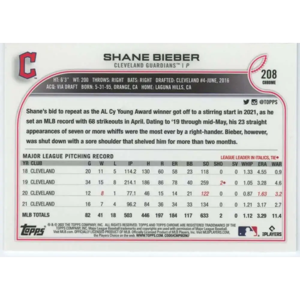 2022 Topps Chrome #208 Shane Bieber NM-MT Cleveland Guardians Baseball Card - Baseball Card Single