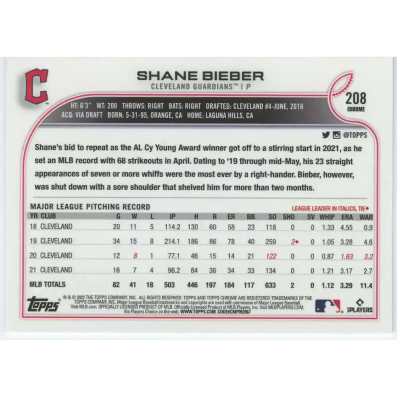 2022 Topps Chrome #208 Shane Bieber NM-MT Cleveland Guardians Baseball Card - Baseball Card Single