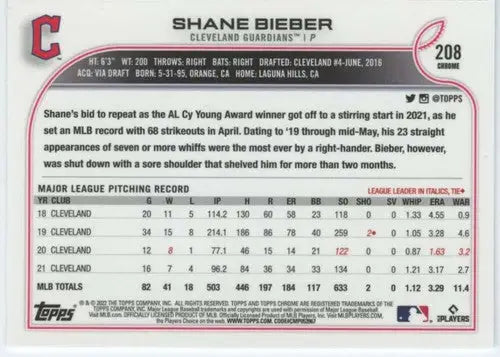 2022 Topps Chrome #208 Shane Bieber NM-MT Guardians ID:51636 - Baseball Card Single