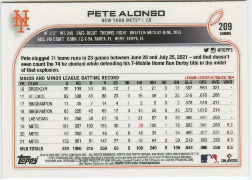 2022 Topps Chrome #209 Pete Alonso NM-MT New York Mets Baseball Card - Baseball Card Single