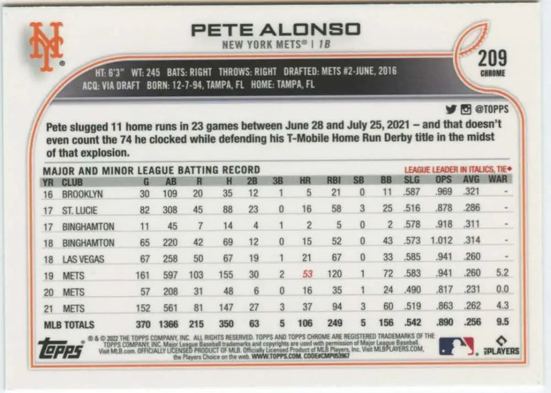 2022 Topps Chrome #209 Pete Alonso NM-MT New York Mets Baseball Card - Baseball Card Single
