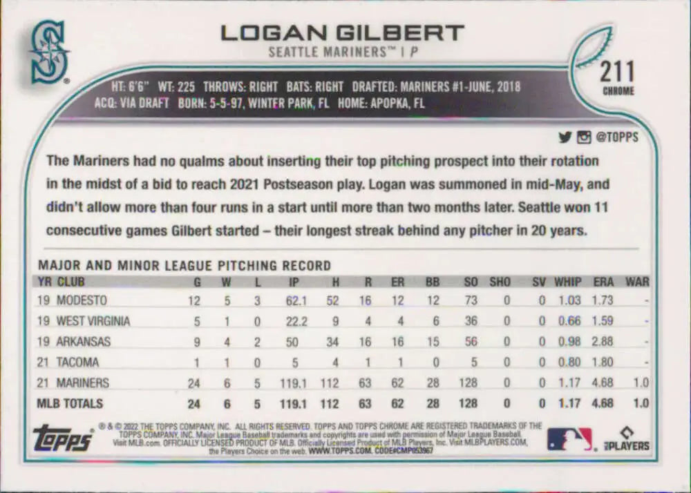 2022 Topps Chrome #211 Logan Gilbert NM-MT Seattle Mariners Baseball Card - Baseball Card Single