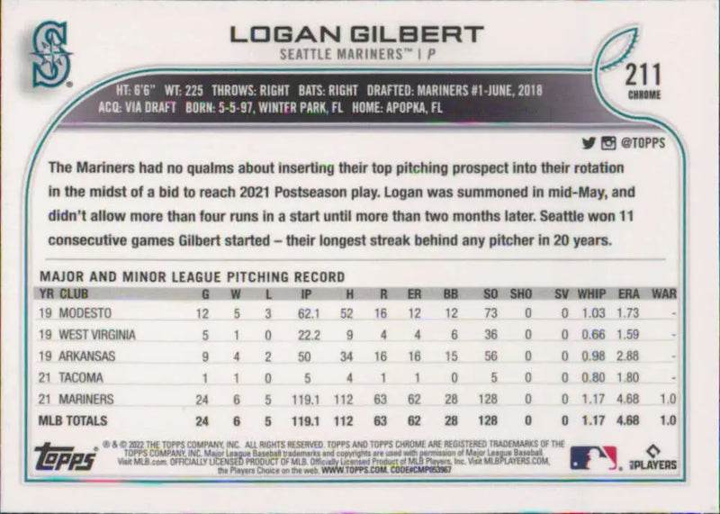 2022 Topps Chrome #211 Logan Gilbert NM-MT Seattle Mariners Baseball Card - Baseball Card Single