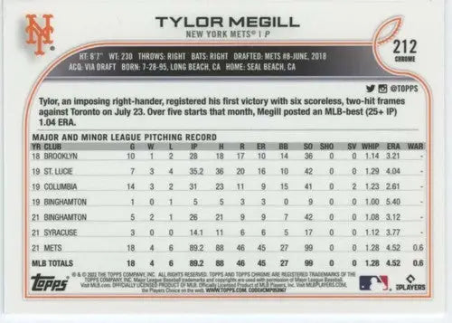 Baseball card back with original gloss from Topp’s Chrome 2022 Tylor Megill Rookie Mets
