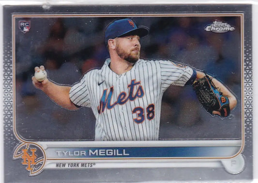 Baseball card of Tylor Megill from Topps Chrome featuring New York Mets pitcher in action