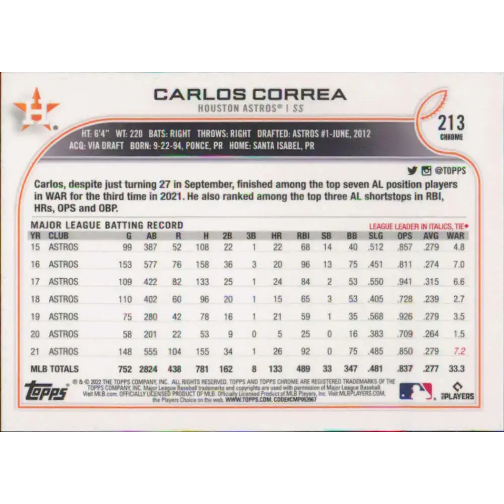 2022 Topps Chrome #213 Carlos Correa NM-MT Houston Astros Baseball Card - Baseball Card Single