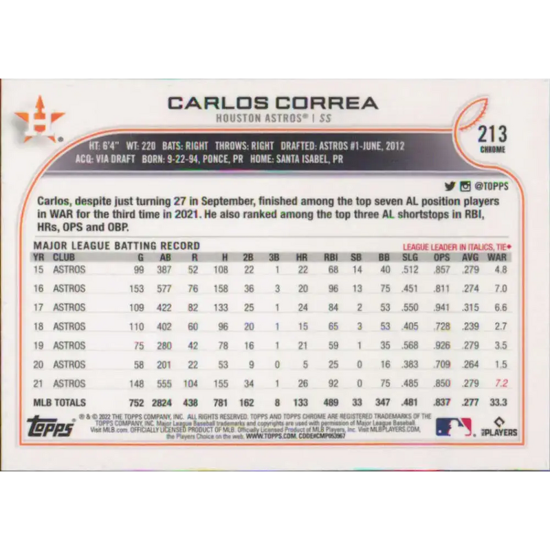 2022 Topps Chrome #213 Carlos Correa NM-MT Houston Astros Baseball Card - Baseball Card Single