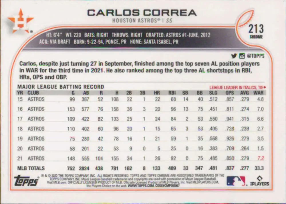 2022 Topps Chrome #213 Carlos Correa NM-MT Houston Astros Baseball Card - Baseball Card Single