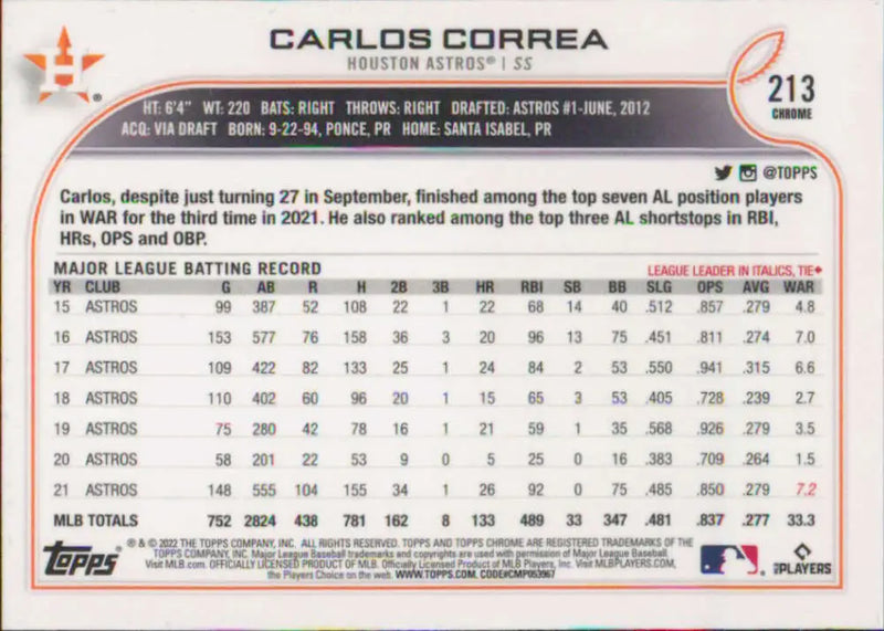 2022 Topps Chrome #213 Carlos Correa NM-MT Houston Astros Baseball Card - Baseball Card Single