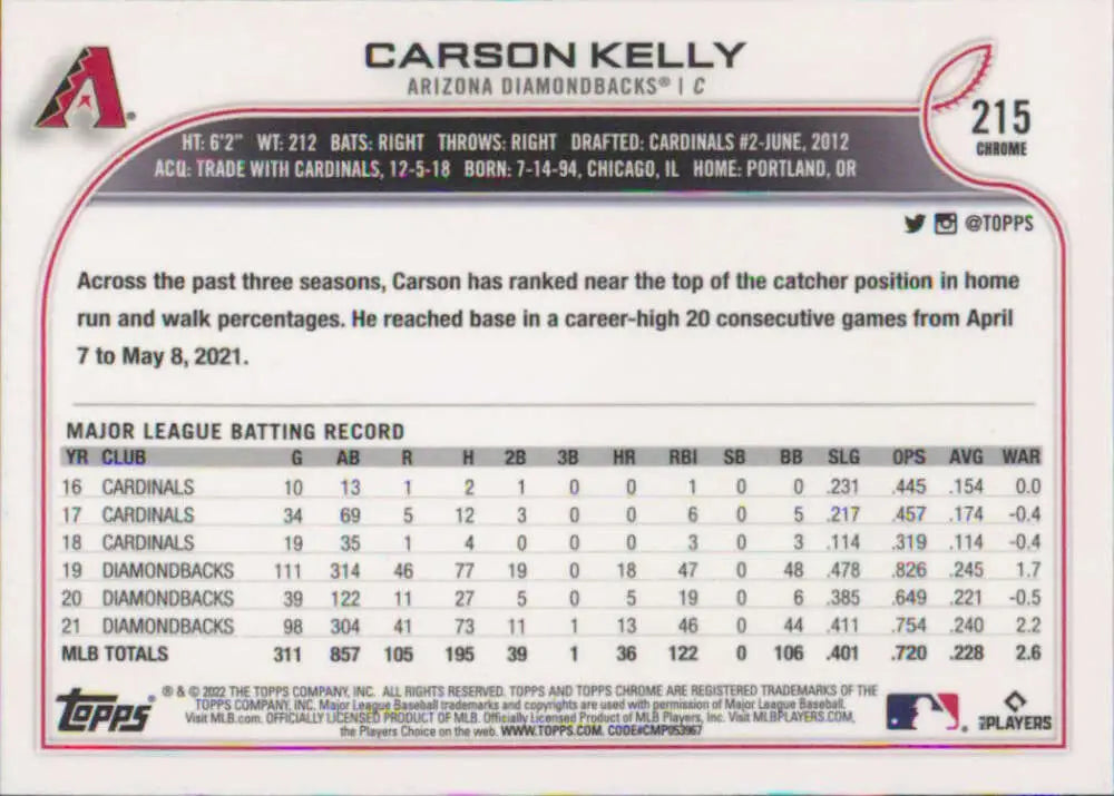 2022 Topps Chrome #215 Carson Kelly NM-MT Arizona Diamondbacks Baseball Card - Baseball Card Single