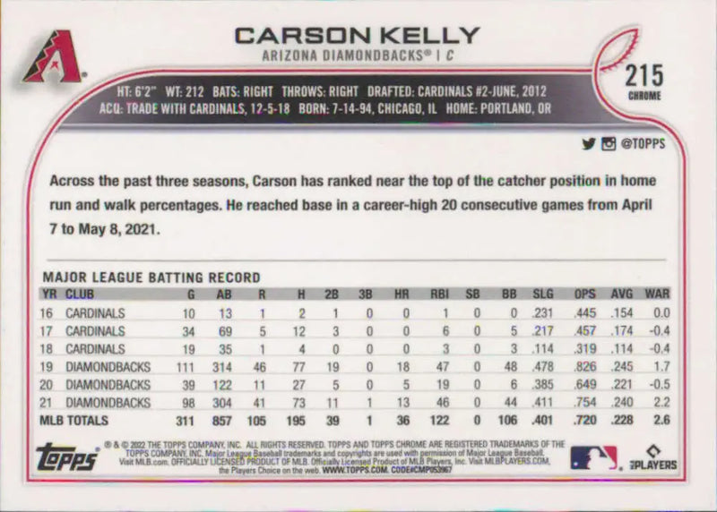 2022 Topps Chrome #215 Carson Kelly NM-MT Arizona Diamondbacks Baseball Card - Baseball Card Single