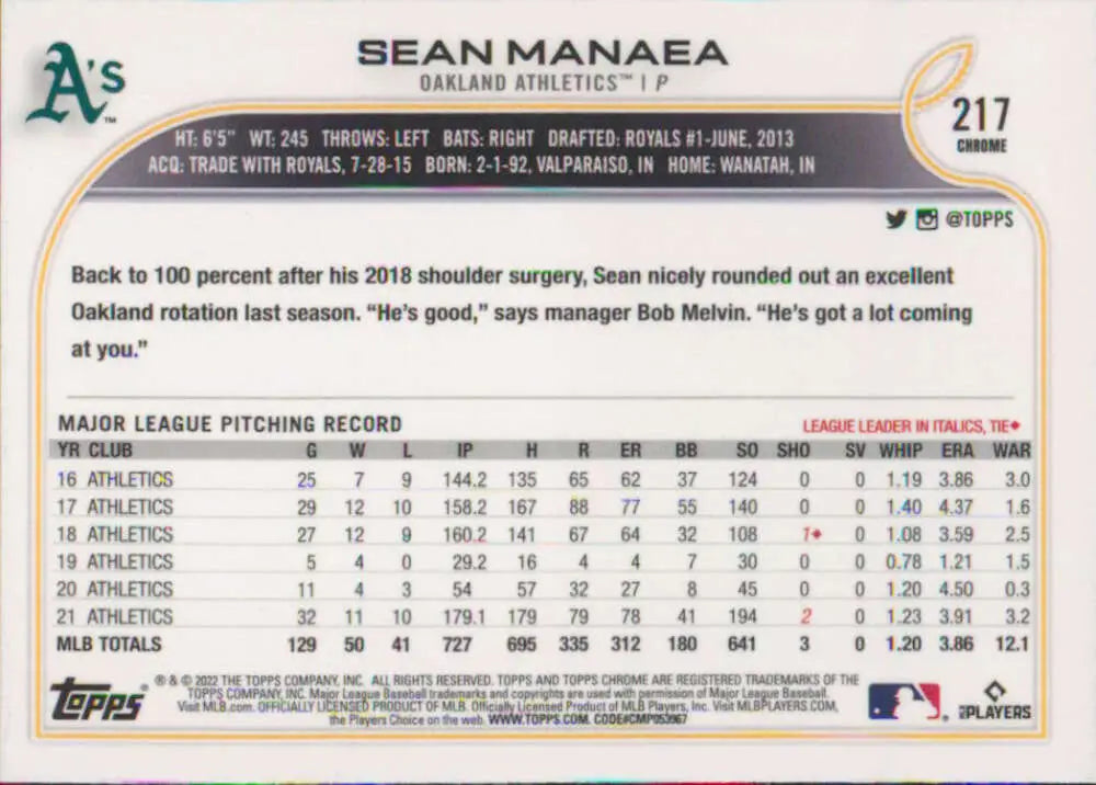 2022 Topps Chrome #217 Sean Manaea NM-MT Oakland Athletics Baseball Card - Baseball Card Single