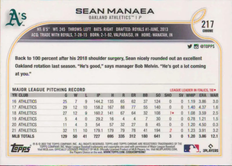2022 Topps Chrome #217 Sean Manaea NM-MT Oakland Athletics Baseball Card - Baseball Card Single