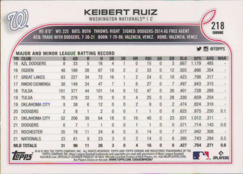 2022 Topps Chrome #218 Keibert Ruiz NM-MT Washington Nationals Baseball Card - Baseball Card Single