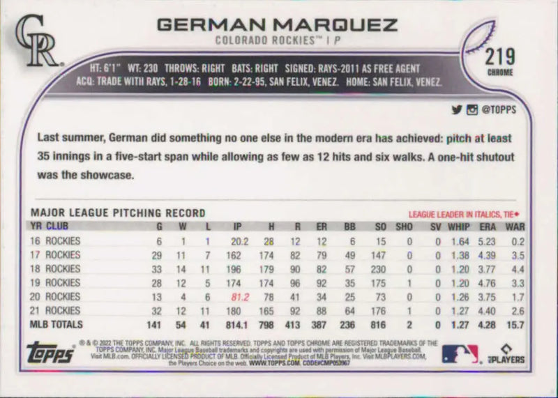 2022 Topps Chrome #219 German Marquez NM-MT Colorado Rockies Baseball Card - Baseball Card Single