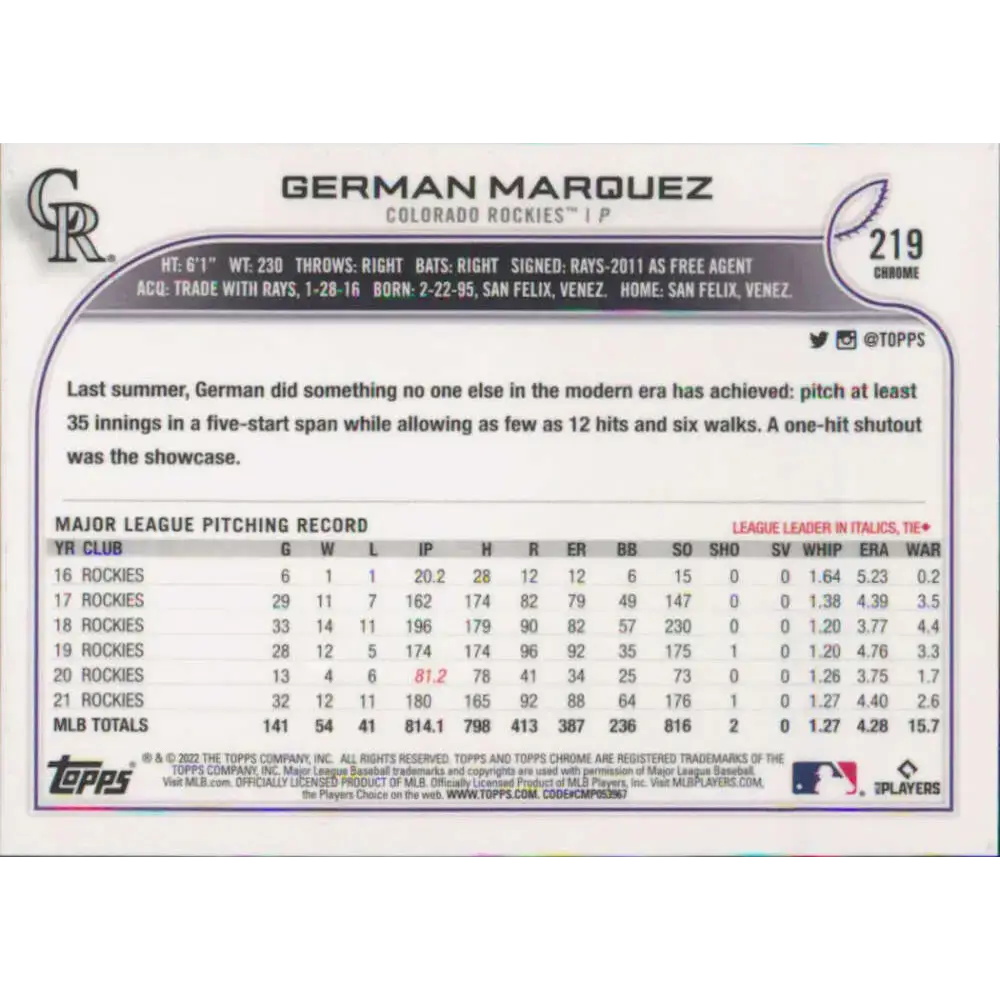 2022 Topps Chrome #219 German Marquez NM-MT Colorado Rockies Baseball Card - Baseball Card Single