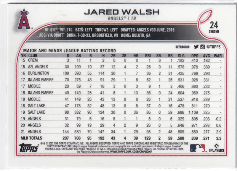 2022 TOPPS CHROME #24 JARED WALSH REFRACTOR- ANGELS - Baseball Card Single