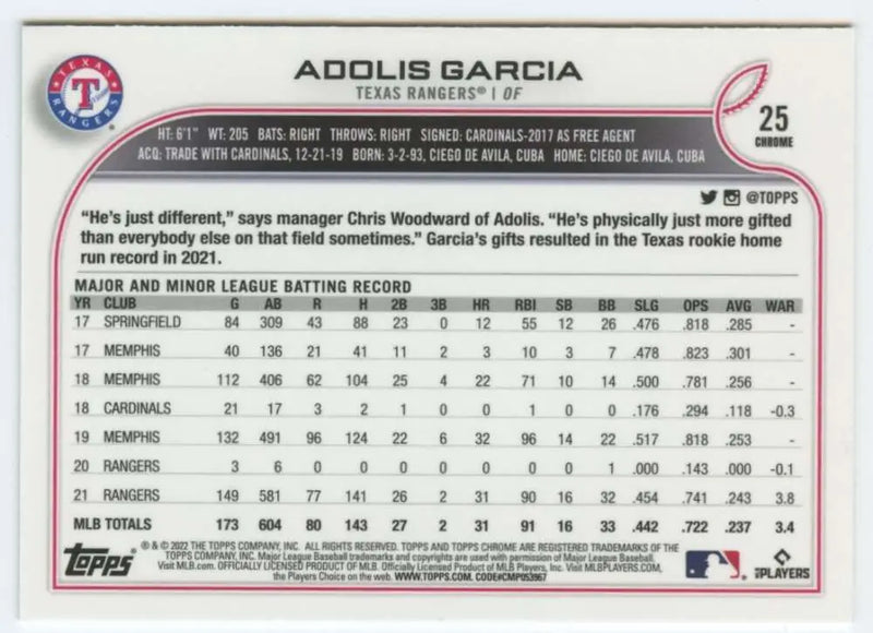 2022 Topps Chrome #25 Adolis Garcia NM-MT Texas Rangers Baseball Card - Baseball Card Single