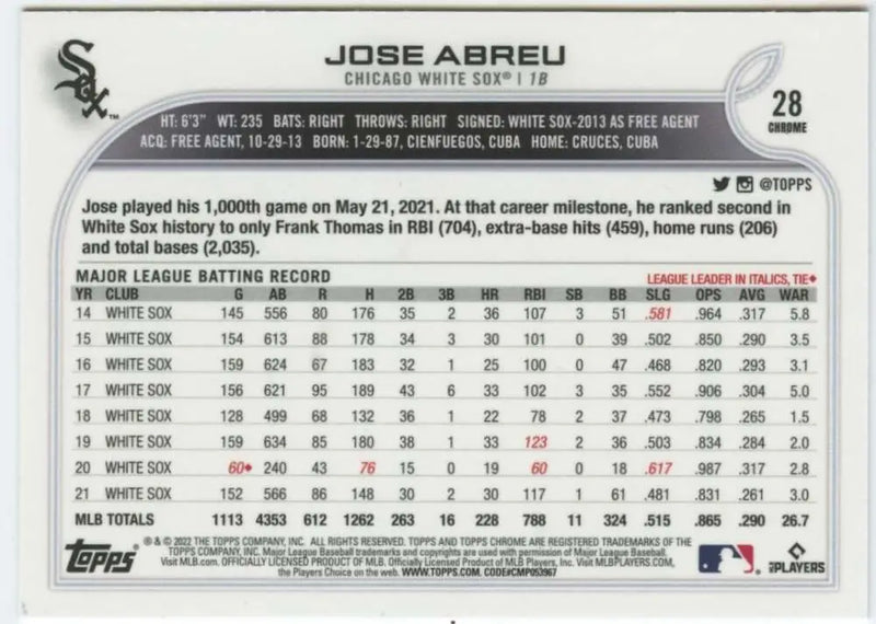 2022 Topps Chrome #28 Jose Abreu NM-MT Chicago White Sox Baseball Card - Baseball Card Single