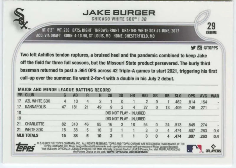 2022 Topps Chrome #29 Jake Burger NM-MT RC Rookie Chicago White Sox Baseball Card - Baseball Card Single