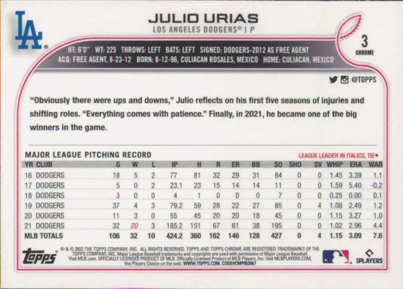2022 Topps Chrome #3 Julio Urias NM-MT Los Angeles Dodgers Baseball Card - Baseball Card Single