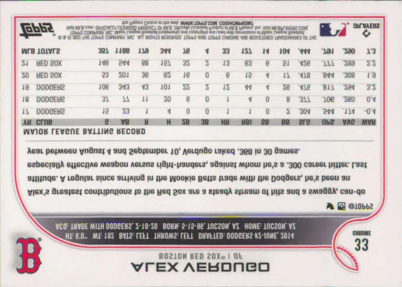 2022 Topps Chrome #33 Alex Verdugo NM-MT Boston Red Sox Baseball Card - Baseball Card Single