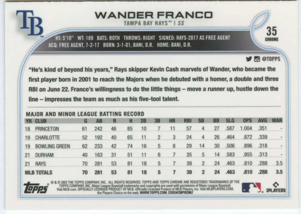 2022 Topps Chrome #35 Wander Franco NM-MT RC Rookie Tampa Bay Rays Baseball Card