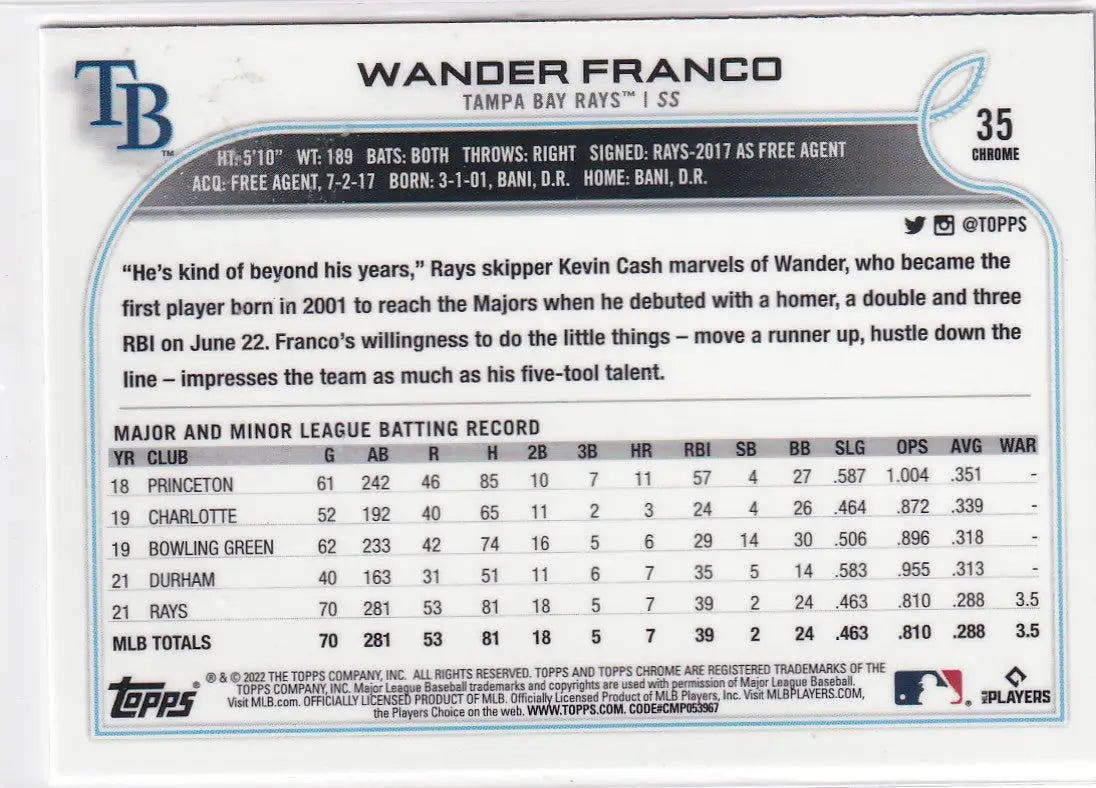 2022 TOPPS CHROME #35 WANDER FRANCO- TAMPA BAY RAYS - Baseball Card Single
