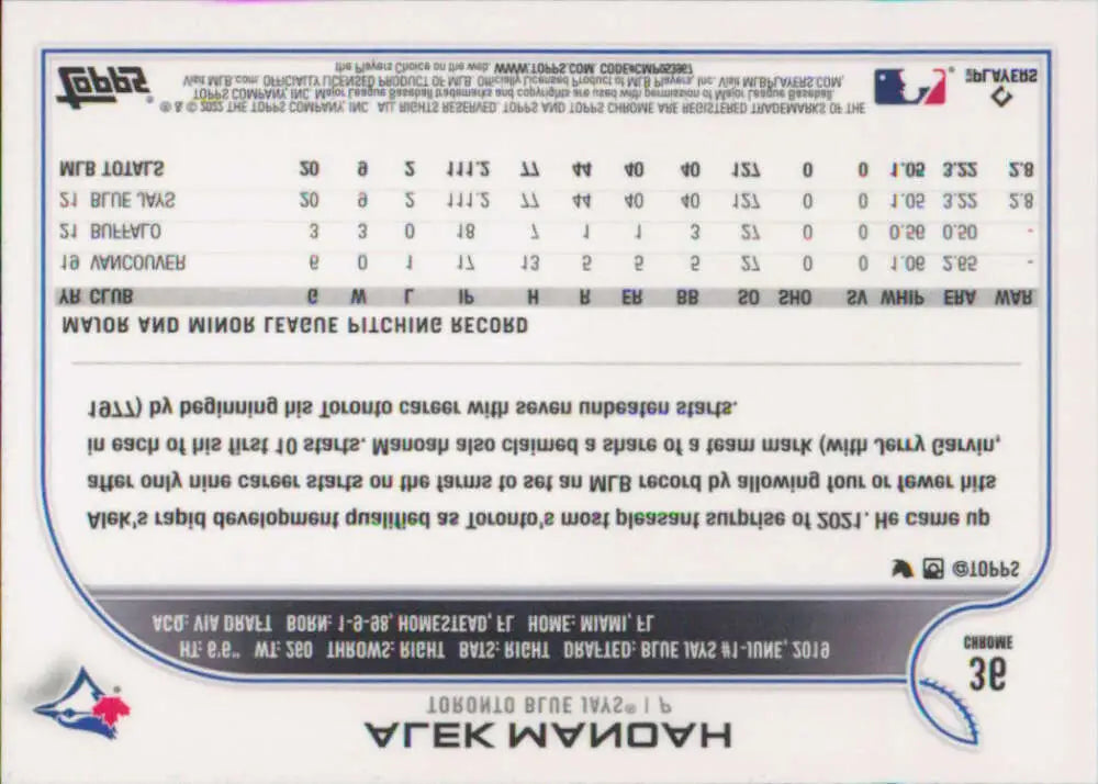 2022 Topps Chrome #36 Alek Manoah NM-MT Toronto Blue Jays Baseball Card - Baseball Card Single