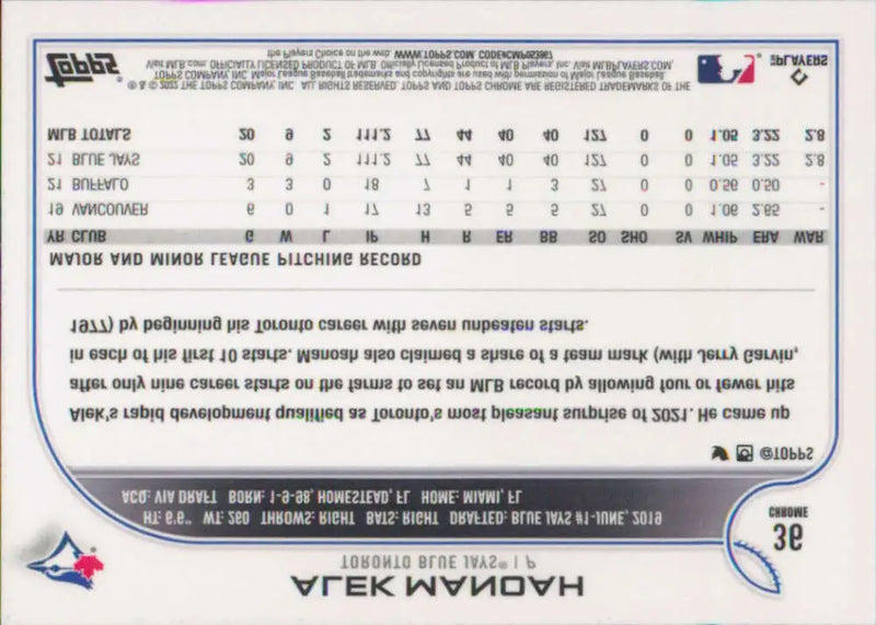 2022 Topps Chrome #36 Alek Manoah NM-MT Toronto Blue Jays Baseball Card - Baseball Card Single