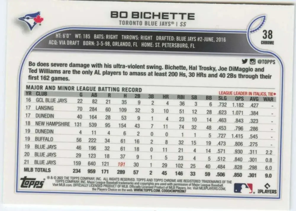 2022 Topps Chrome #38 Bo Bichette NM-MT Toronto Blue Jays Baseball Card - Baseball Card Single