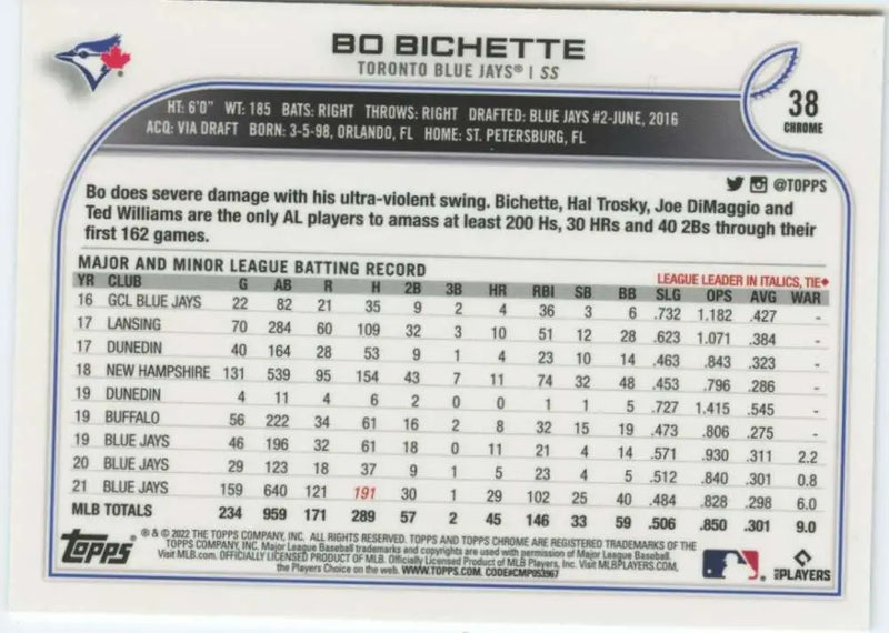 2022 Topps Chrome #38 Bo Bichette NM-MT Toronto Blue Jays Baseball Card - Baseball Card Single