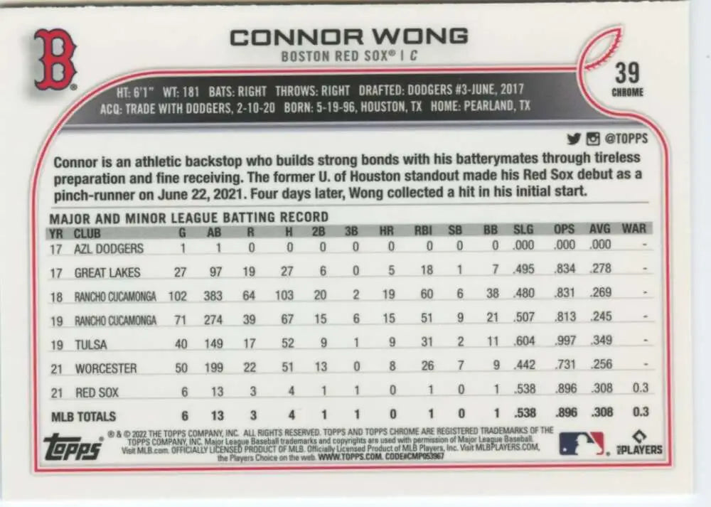 2022 Topps Chrome #39 Connor Wong NM-MT RC Rookie Boston Red Sox Baseball Card - Baseball Card Single