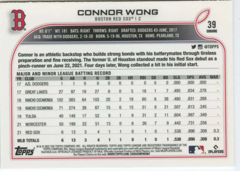 2022 Topps Chrome #39 Connor Wong NM-MT RC Rookie Boston Red Sox Baseball Card - Baseball Card Single