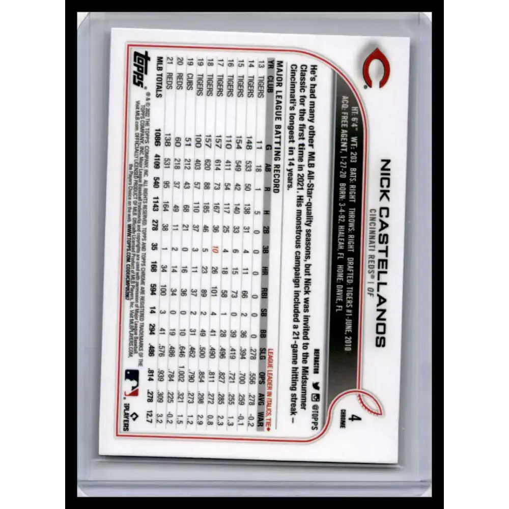 2022 Topps Chrome #4 Nick Castellanos NM-MT Cincinnati Reds Baseball Card - Baseball Card Single
