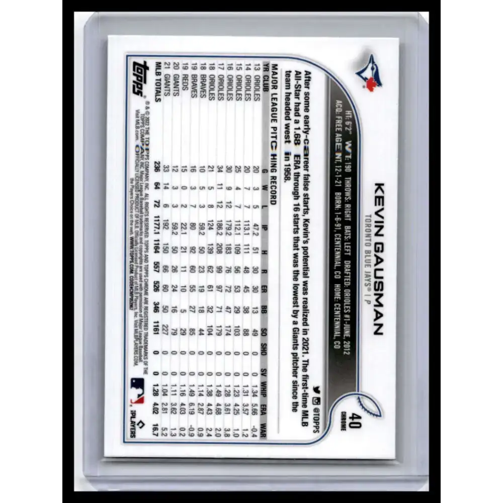 2022 Topps Chrome #40 Kevin Gausman NM-MT Toronto Blue Jays Baseball Card - Baseball Card Single