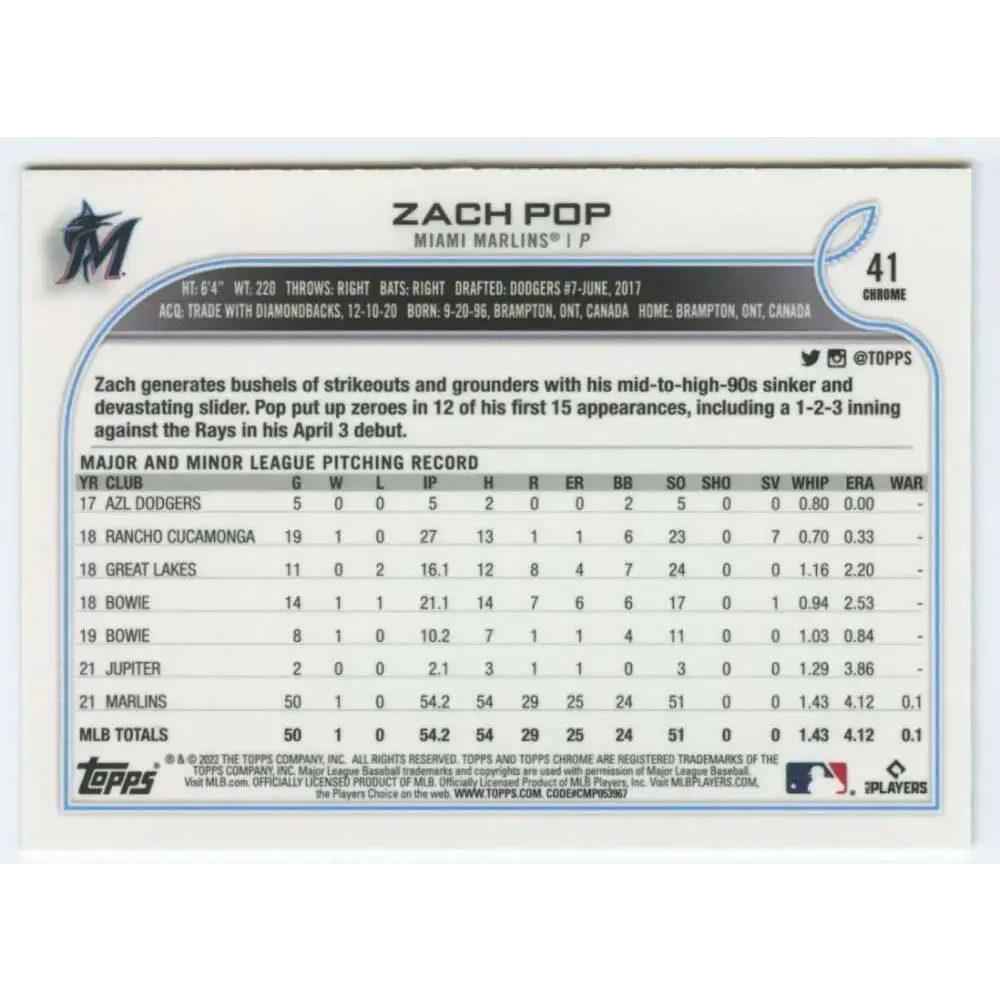 2022 Topps Chrome #41 Zach Pop NM-MT RC Rookie Miami Marlins Baseball Card - Baseball Card Single