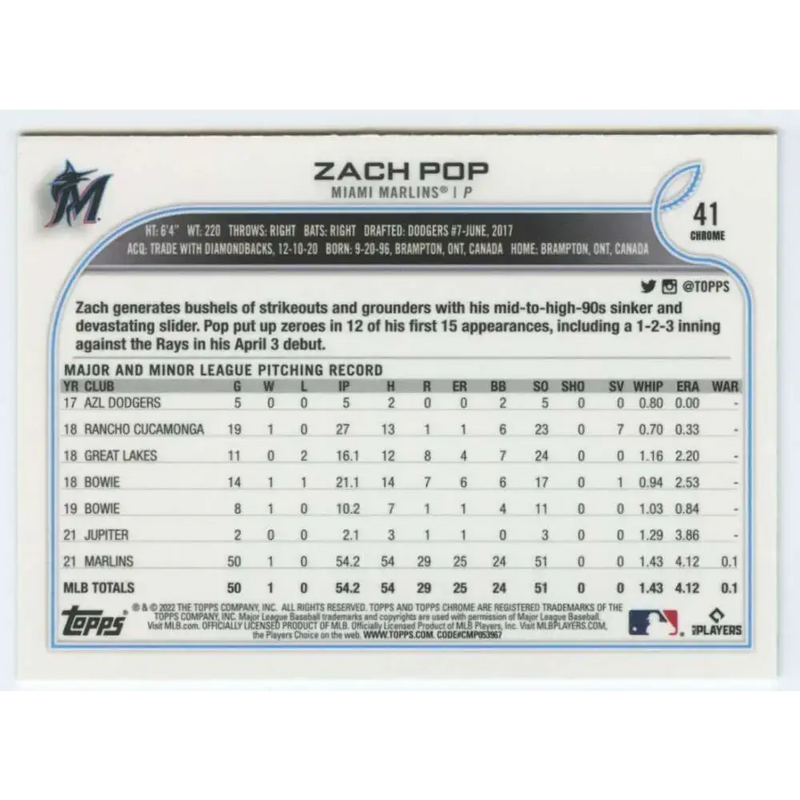 2022 Topps Chrome #41 Zach Pop NM-MT RC Rookie Miami Marlins Baseball Card - Baseball Card Single