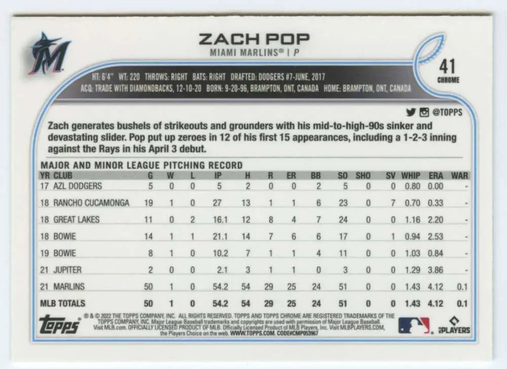 2022 Topps Chrome #41 Zach Pop NM-MT RC Rookie Miami Marlins Baseball Card - Baseball Card Single