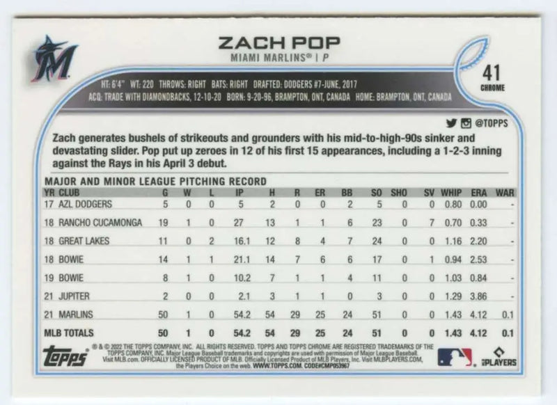 2022 Topps Chrome #41 Zach Pop NM-MT RC Rookie Miami Marlins Baseball Card - Baseball Card Single