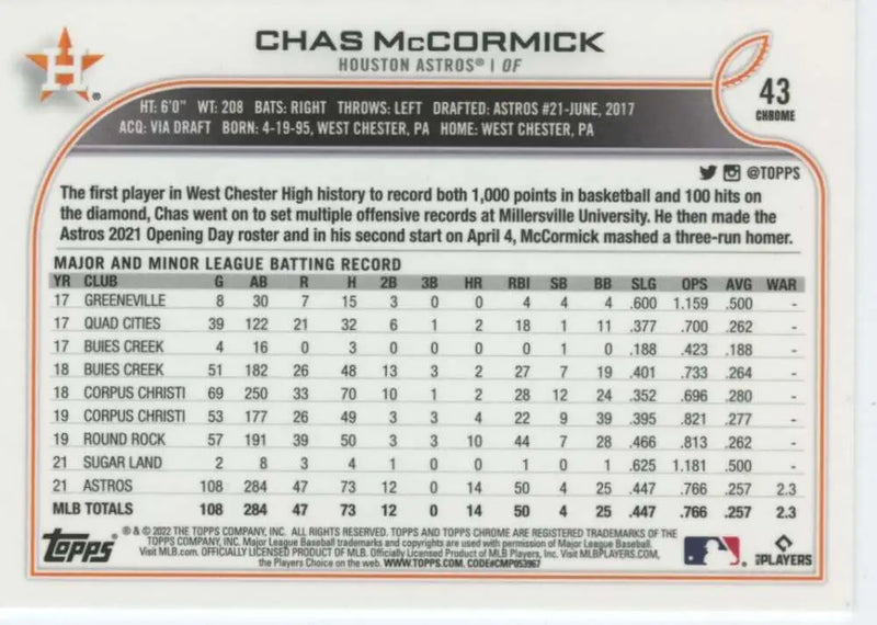 2022 Topps Chrome #43 Chas McCormick NM-MT RC Rookie Houston Astros Baseball Card - Baseball Card Single